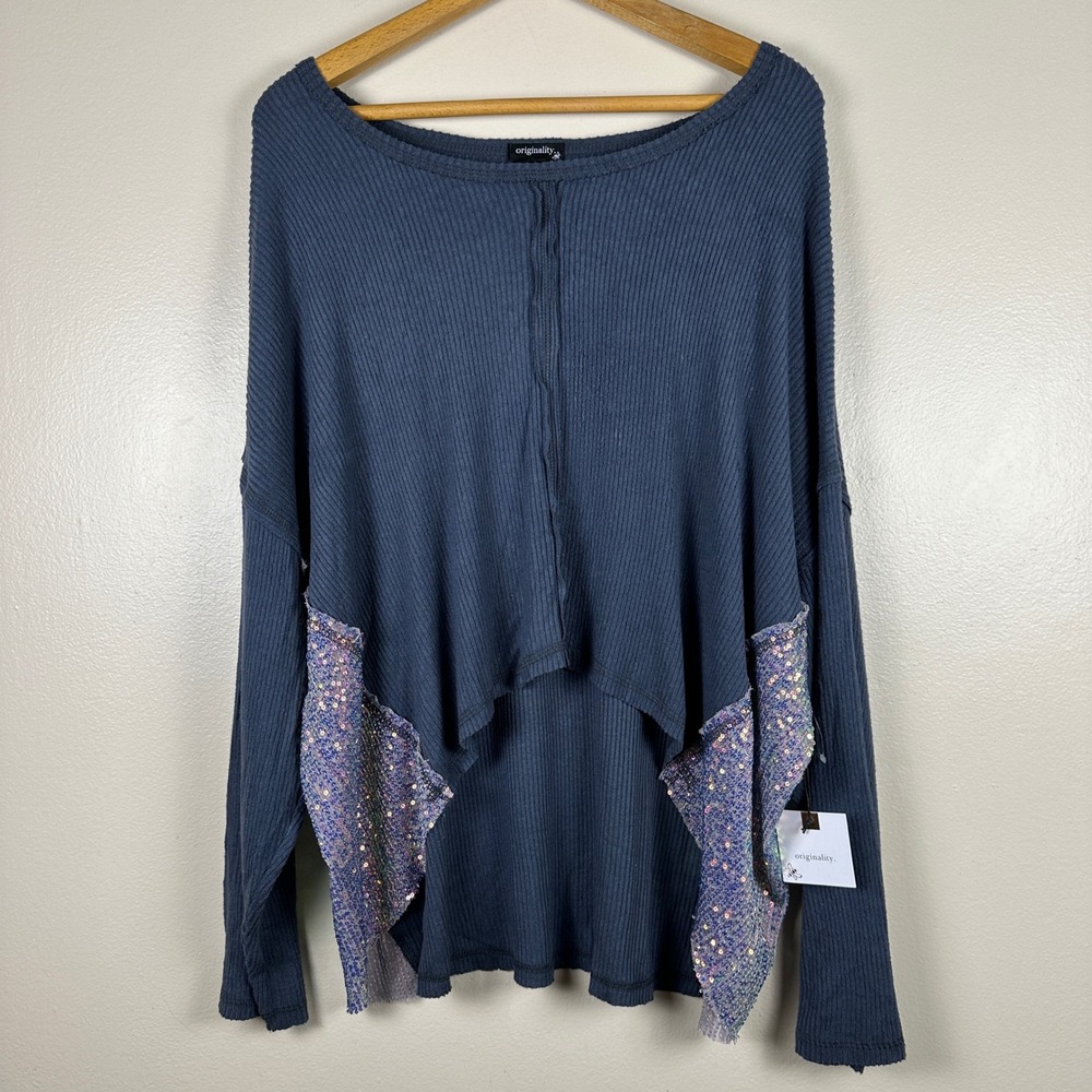 Originality Womens XL Thermal Top Navy Blue Sequin High Low Boho Cottagecore NEW